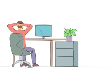 Single one line drawing man sitting in chair with his hands holding the back of head. Seen from behind. Work overtime on weekends. Remote work. Monitoring. Continuous line design graphic illustration