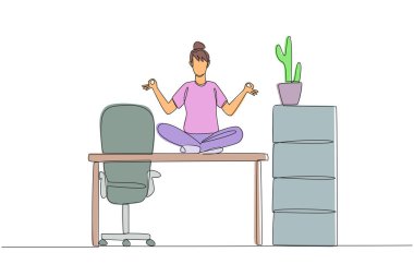 Single one line drawing woman sitting cross-legged on a work desk. Doing yoga movements at the office. For peace and quiet thinking. Overtime on weekend. Continuous line design graphic illustration
