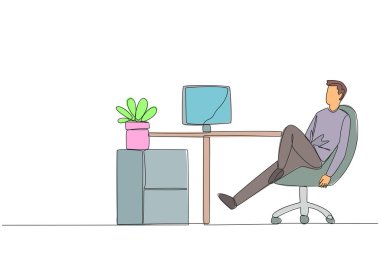 Continuous one line drawing man sits in work chair with one of legs raised and folded. Work overtime on weekends. Pay attention to stagnant projects. Relax. Single line draw design vector illustration