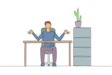 Single one line drawing man sitting in a work chair with his fingers rounded. Calm. Doing yoga during work overtime on the weekend. Meditation to relaxing. Continuous line design graphic illustration