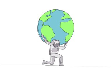 Single one line drawing astronaut kneels while cradling a globe. Fighting alone is very tiring. An invitation to protect the earth together. Cosmonaut care. Continuous line design graphic illustration