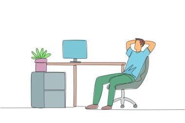 Single one line drawing relaxed man sitting in a work chair with his hands behind his head. Work overtime on weekends. Relax for a moment from busy routine. Continuous line design graphic illustration