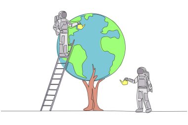 Continuous one line drawing astronaut climbs a ladder watering a tree whose leaves form a globe. Extraordinary collaboration to care for beloved earth. Single line draw design vector illustration