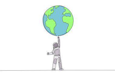 Single one line drawing astronaut standing lifting the globe with one hand. Strong determination to keep the earth beautiful. Cosmonaut caring the earth. Continuous line design graphic illustration