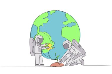 Single one line drawing little astronaut standing watering the plants. A special lesson to love the earth. Teach from an early age. Cosmonaut save planet. Continuous line design graphic illustration