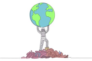 Single continuous line drawing astronaut raises globe with both hands. Earth is no longer beautiful. Must immediately fight to be protected at all costs. Spaceman. One line design vector illustration