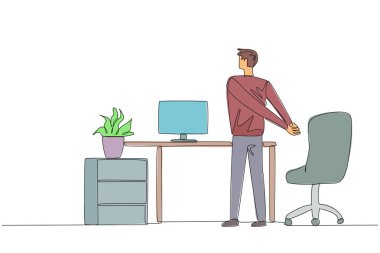 Single continuous line drawing man stands with his hands behind his back. A simple stretch before working overtime on the weekend. Lots of deadlines. Relaxes mind. One line design vector illustration