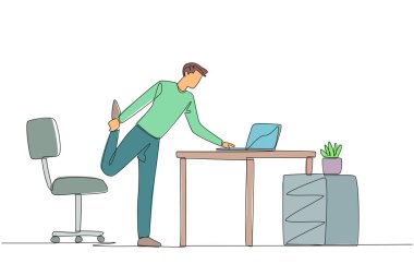 Single one line drawing man standing with one leg raised and his hand typing on a laptop. Make a presentation during an online meeting while stretching. Continuous line design graphic illustration