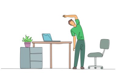 Single one line drawing man stands while raising one hand and tilting body. Light exercise while at the office. Helps mind to focus. Overtime on weekends. Continuous line design graphic illustration