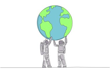 Single one line drawing two astronauts hold up globe together with both hands. Returning from expedition, enthusiasm for protecting earth grow stronger. Continuous line design graphic illustration