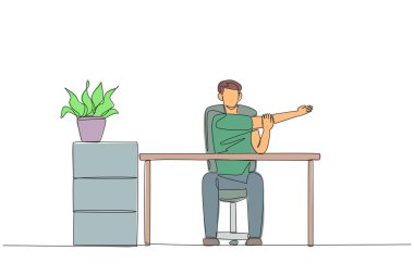 Single continuous line drawing man sitting in a work chair with his arms crossed. Stretching. Do normal things to make work lighter. Excited even though overtime. One line design vector illustration