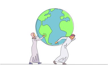 Continuous one line drawing globe is carried by Arab man assisted by Arab woman who holds it. Support each other to protect and care for beauty of earth. Single line draw design vector illustration