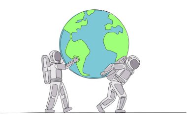 Continuous one line drawing globe is carried by astronaut assisted by others who holds it. Cosmonauts work together to protect the earth. Environment care. Single line draw design vector illustration
