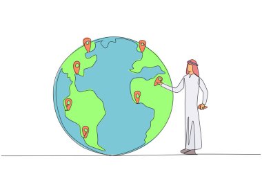 Single one line drawing Arab man places pin location point on surface of globe. Image of distribution of urgent areas for immediate afforestation. Protect. Continuous line design graphic illustration