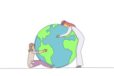 Single continuous line drawing Arab man and Arab woman hugging the globe in their own style. Protect the earth. Love the earth. Environmental care. For better air. One line design vector illustration