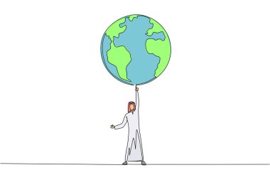 Single one line drawing Arabian man standing lifting globe with one hand. In a healthy soul there is a strong body. No pollution. Green the earth. Protect. Continuous line design graphic illustration