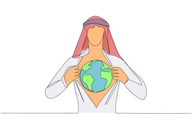 Continuous one line drawing Arab man unbuttons shirt revealing globe on chest. An invitation to always take care of the earth. For the beauty of the earth. Single line draw design vector illustration