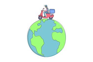 Single one line drawing a man riding package motorbike. Delivering packages across countries and continents. Throws out a lot of carbon gas. Save the earth. Continuous line design graphic illustration