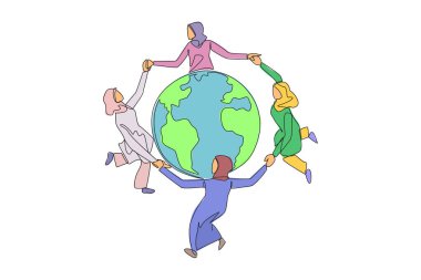 Single one line drawing a group of Arabian women make a circle around the globe. Complete the mission. Stay focused on keeping the earth green. Earth day. Continuous line design graphic illustration