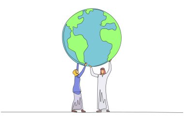 Single continuous line drawing Arab man and Arab woman hold up globe together with both hands. Teamwork makes missions easier. Protect the earth. Save the planet. One line design vector illustration