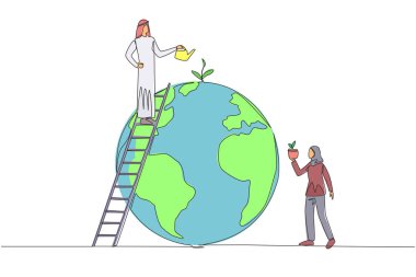 Continuous one line drawing Arab man and woman work together to green the earth. Plant as many trees as possible. Reduce excess pollution. Protect earth. Single line draw design vector illustration