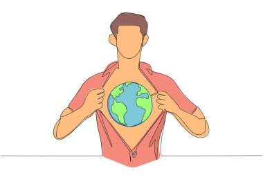 Single one line drawing a man unbuttons shirt revealing a globe on his chest. A sign of deep love for the earth. World environment day. Protect the earth. Continuous line design graphic illustration