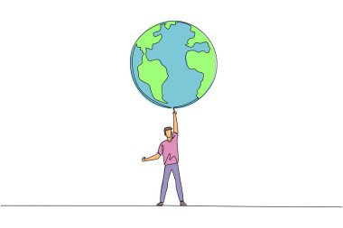 Single continuous line drawing man standing lifting globe with one hand. The desire makes strong enough to protect earth alone. Keep away from scattered rubbish. One line design vector illustration