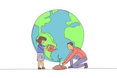 Continuous one line drawing girl standing watering the plants. Teaching environmental care from an early age. World environment day. Earth day. Protect. Single line draw design vector illustration