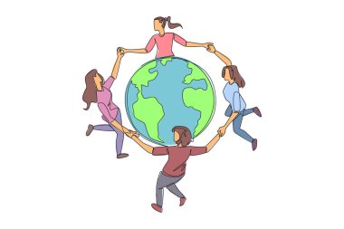 Continuous one line drawing a group of women make a circle around the globe. Be happy and cheerful in keeping nature in good condition. Protect the world. Single line draw design vector illustration