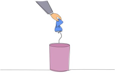 Single continuous line drawing businessman's hand throws away a crushed drink can. The correct way to dispose of it. Can be recycled. Useful waste. Broken. Cracked. One line design vector illustration
