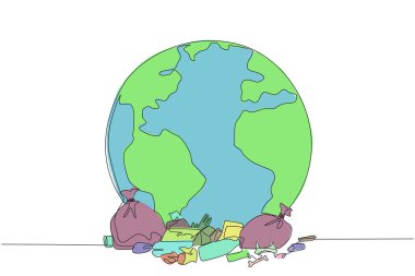 Single one line drawing a large globe surrounded by scattered rubbish. Nature no longer presents its beauty. Risk of more rapid increase in global warming. Continuous line design graphic illustration clipart