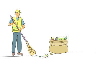 Single one line drawing trash man cleaning trash with broom. Enthusiasm about working to maintain the cleanliness and beauty of nature. Reduce pollution. Continuous line design graphic illustration