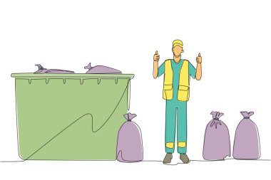Single continuous line drawing trash man stands with a thumbs up gesture between trash bags. Finish tidying up the scattered rubbish. Environmental care. Ecology. One line design vector illustration