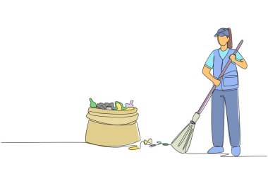 Continuous one line drawing trash woman cleaning trash with broom. There is a large piece of plastic trash nearby. Clean fresh air, does not pollute lungs. Single line draw design vector illustration