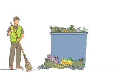 Continuous one line drawing trash man cleans rubbish by sweeping it into a pile of rubbish. With large trash can, it can accommodate all rubbish. Good job. Single line draw design vector illustration