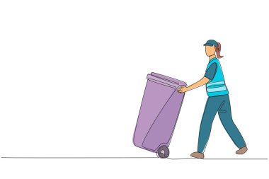 Continuous one line drawing trash woman pushing a wheeled trash can. Never tire of keeping the environment clean. Household waste or industrial waste. Single line draw design vector illustration