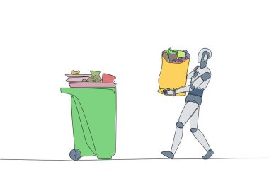 Continuous one line drawing robot walked carrying a trash bag in both hands towards the trash can. Robots help social activities to clean the environment. Single line draw design vector illustration