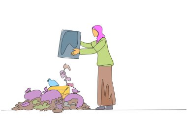 Single one line drawing Arab woman throws rubbish into rubbish pile. Environmental care. Cleanliness is not maintained. Can cause disease if left untreated. Continuous line design graphic illustration