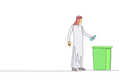 Continuous one line drawing Arabian man throw used plastic bottles into overflowing trash cans. Environmental. How to properly dispose of recyclable waste. Single line draw design vector illustration