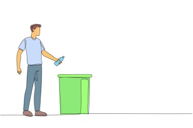 Single one line drawing a man throw used plastic bottles into overflowing trash cans. Environmental care. Correct littering waste. Recyclable waste. Clean. Continuous line design graphic illustration