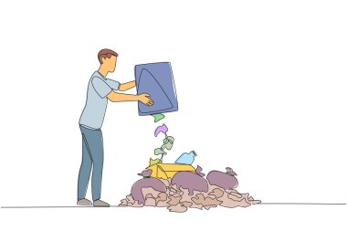 Single one line drawing man throws rubbish into rubbish pile. Environmental care. Throwing rubbish not in proper place. Surrounding air becomes less clear. Continuous line design graphic illustration clipart