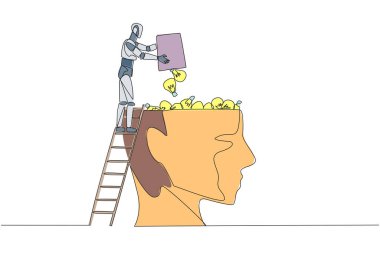 Continuous one line drawing robot climb to the large, open head with stairs. Throw away the lightbulb. Added some artificial intelligence elements. Tech. Single line draw design vector illustration