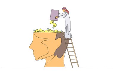 Single one line drawing Arab businessman climb to the large, open head with stairs. Throw away lightbulb. Putting down ideas and innovation. For profits. Continuous line design graphic illustration