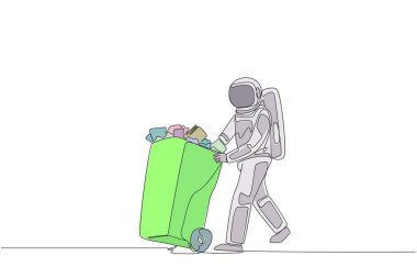 Single continuous line drawing astronaut pushing a trash can filled with wads of paper. Throw away training notes that are no longer used during space expeditions. One line design vector illustration