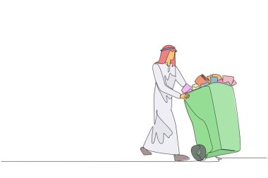 Continuous one line drawing Arabian businessman pushing a trash can filled with wads of paper. Nonworking document. Useless file at office. Deleting data. Single line draw design vector illustration