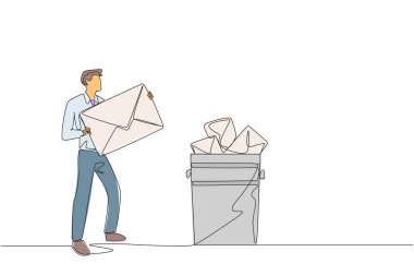 Continuous one line drawing businessman throw large envelope in trash. Throw away many application letters that do not meet the requirements. Job seekers. Single line draw design vector illustration