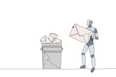 Single one line drawing robot throw large envelope in the trash. Eliminates the many bugs that plague artificial intelligence. Future technology concept. Continuous line design graphic illustration