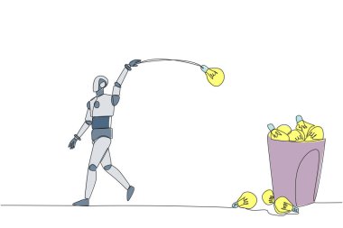 Single continuous line drawing robot walking throwing light bulbs into the trash can. Not the most genius robot. Artificial intelligence is starting to decline. One line design vector illustration