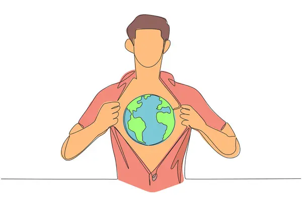 stock vector Single one line drawing a man unbuttons shirt revealing a globe on his chest. A sign of deep love for the earth. World environment day. Protect the earth. Continuous line design graphic illustration