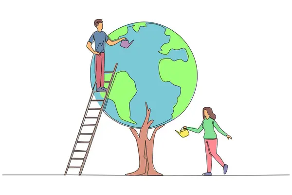 stock vector Continuous one line drawing a man climbs a ladder watering a tree whose leaves form a globe. Working together to make the earth keep green. No pollution. Single line draw design vector illustration